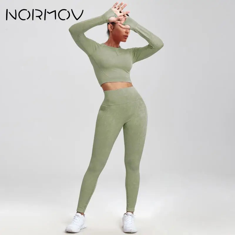 Upgrade Your Workout with NORMOV Gym Set - High Waist, Seamless, Push Up, Long Sleeve - Shop Now!