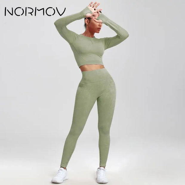 Upgrade Your Workout with NORMOV Gym Set - High Waist, Seamless, Push Up, Long Sleeve - Shop Now!