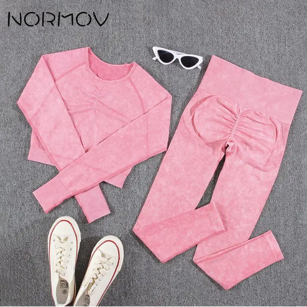 Upgrade Your Workout with NORMOV Gym Set - High Waist, Seamless, Push Up, Long Sleeve - Shop Now!