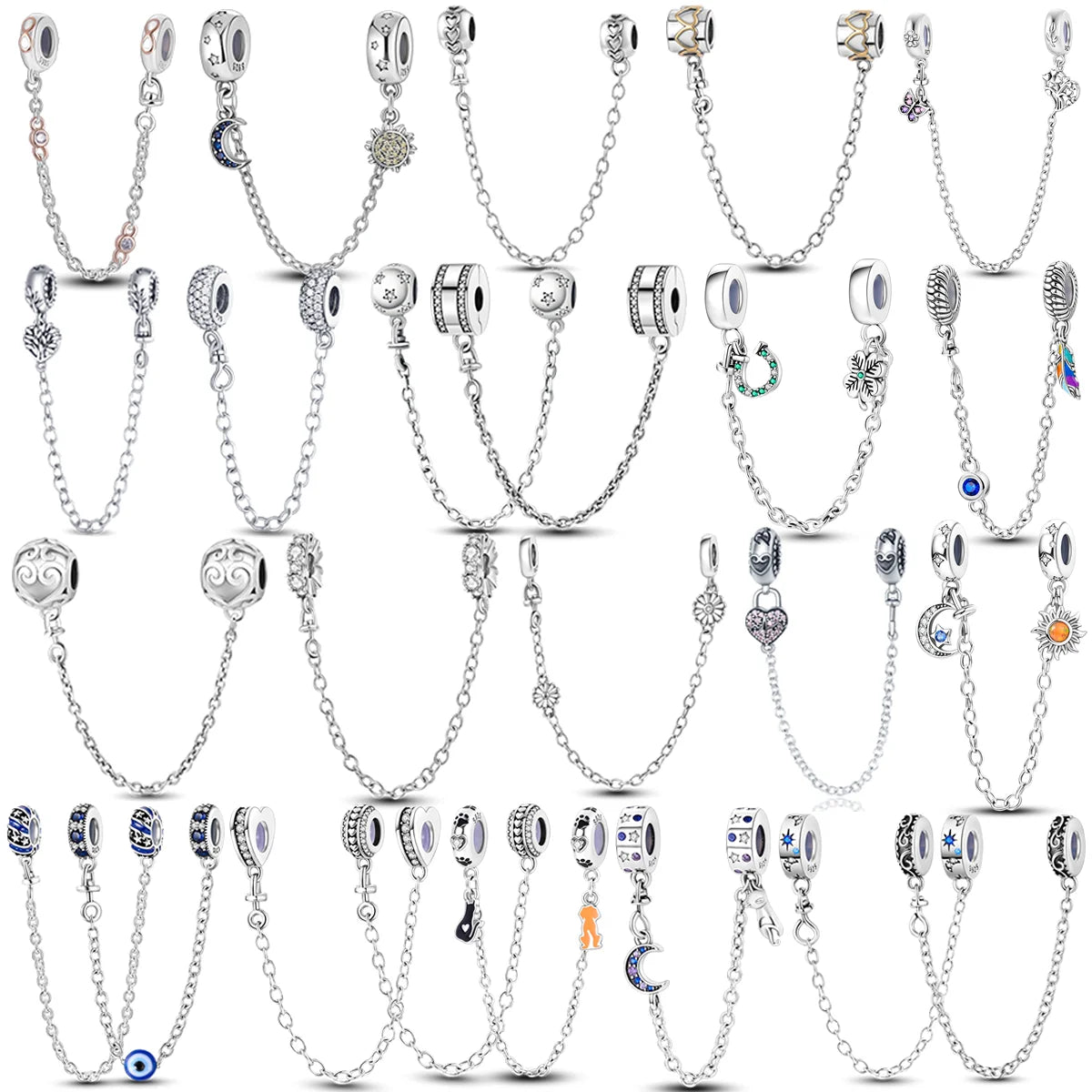 Secure Your Pandora Bracelet with Our Sterling Silver Safety Chain - 925 CZ Pave Clip Charms!